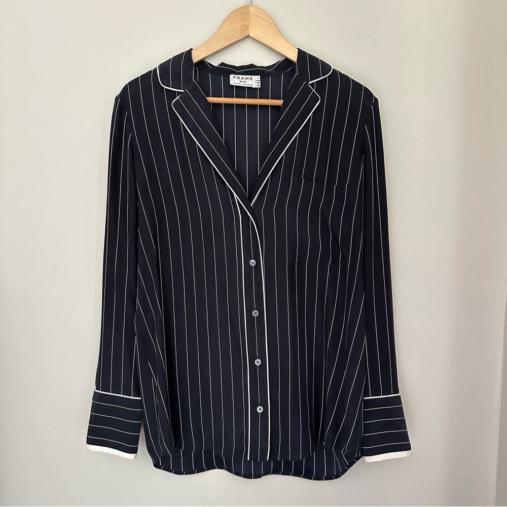 Navy and White Frame Silk Blouse, Size S